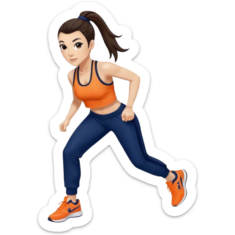 Melanie chisholm with a dark brown high ponytail, wearing an orange sports bra and navy blue track pants with sneakers sticker