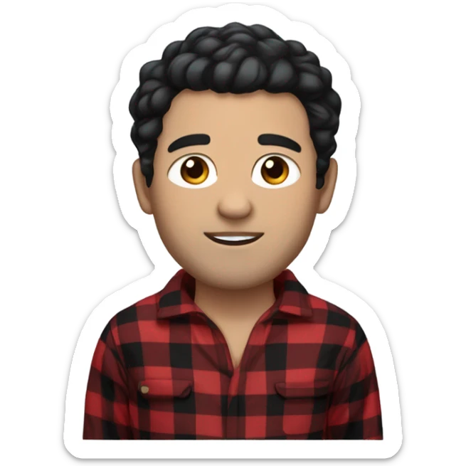 White Man with black hair and brown eyes wearing red and black buffalo plaid pjs sticker