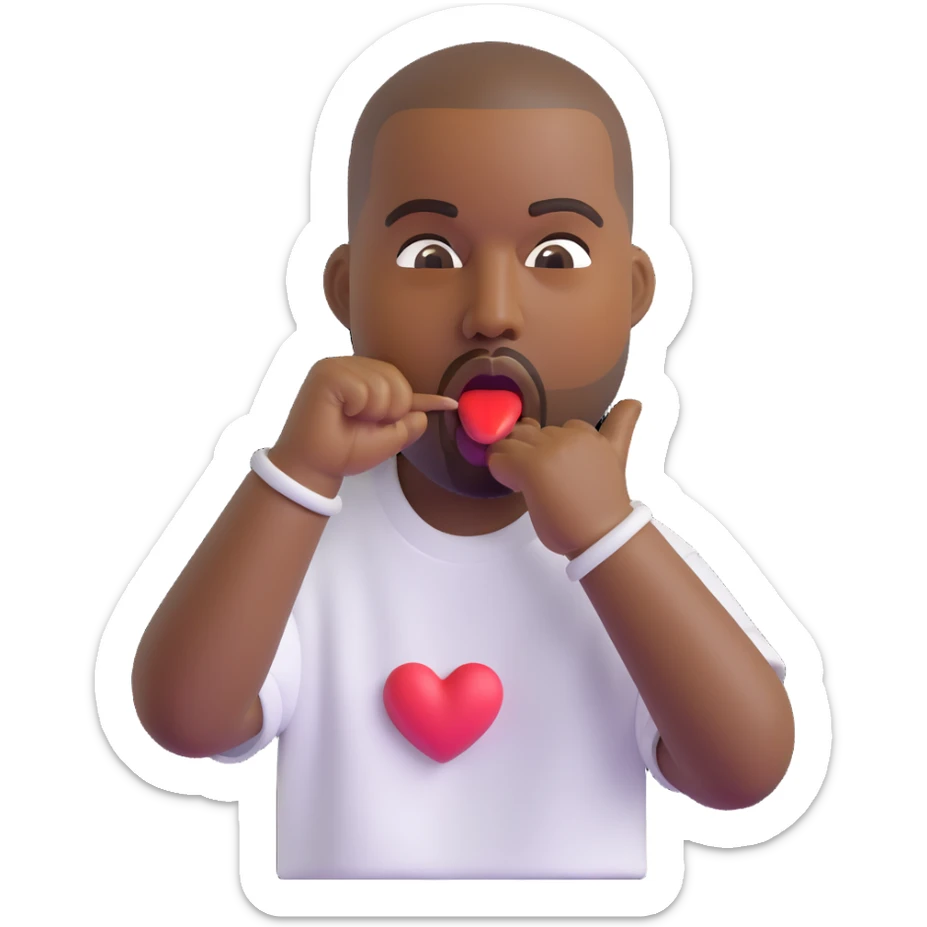 Kanye West with his tongue out, wearing a t-shirt that says 'I love my cousin', 3D emoji style sticker