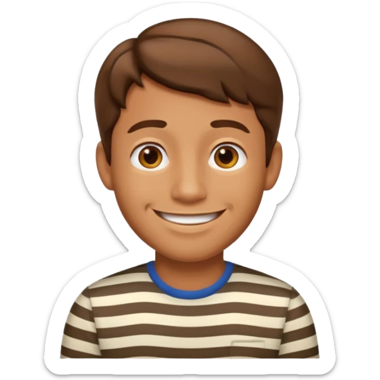 “Cartoony emoji avatar man, tanned skin, short wavy hair, wearing a striped shirt, smiling, clean turquoise background.” sticker
