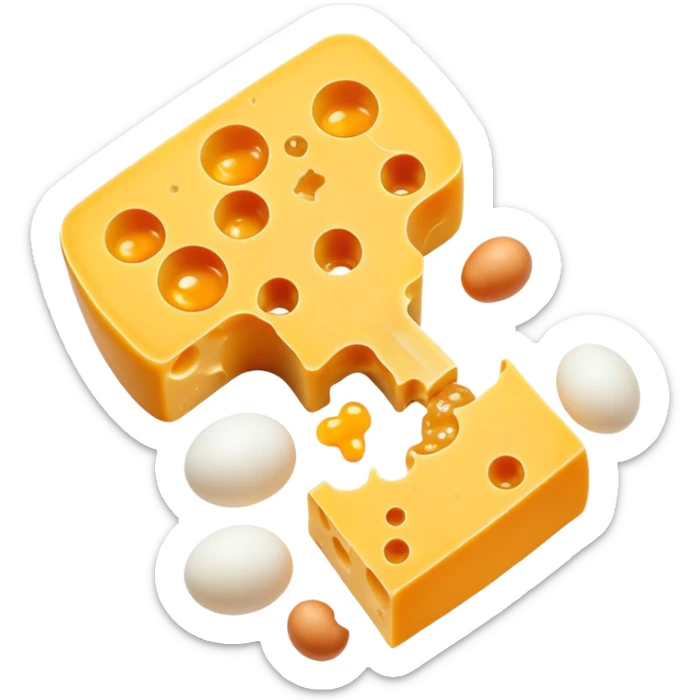 Ethereal vitamin K2 appearing as a golden key floating among pieces of aged cheese, egg yolk, and fermented natto. The key directs glowing calcium particles toward a single bone with a bright golden deposition point, illustrating K2's targeted calcium-directing function. sticker