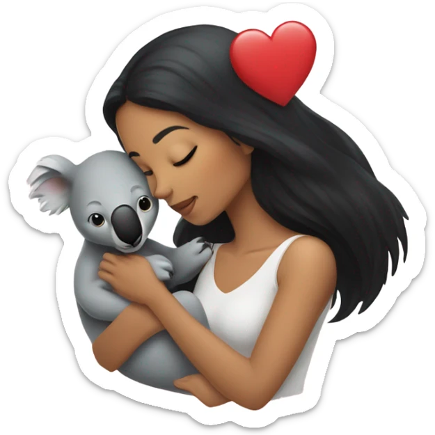 black hair women holding a koala and kissing him  with hearts around them  sticker