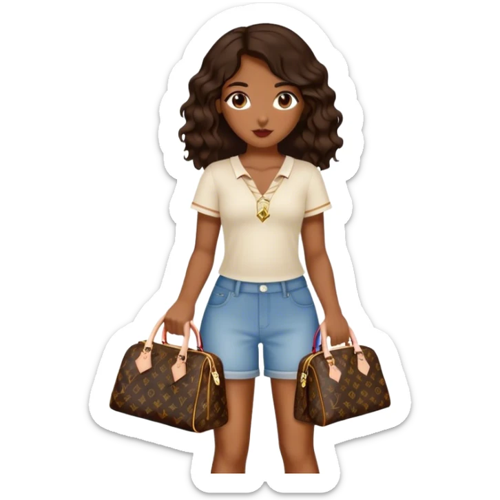  Brown girl with dark brown medium beach wavy hair carrying one Louis Vuitton purse on her arm while standing  sticker
