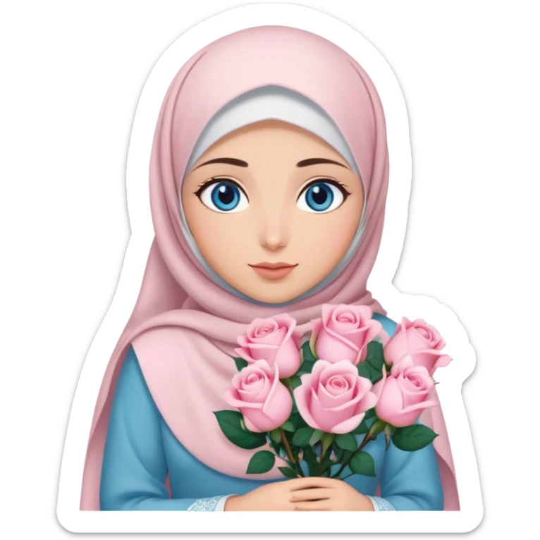 Turkish beautiful finish Konya girl blue eyes with hijab islamic dress and had on her hand light pink roses sticker