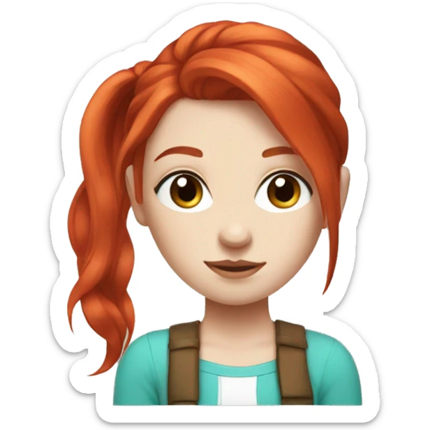 BRIGHT RED hair, skinny girl, turquoise eyes, double high ponytail, pale white face sticker