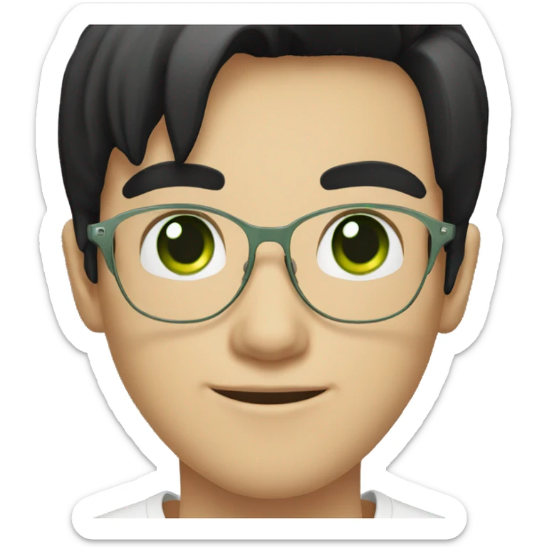 A white boy with glasses with black hair wearing a white T-shirt with green eyes sticker