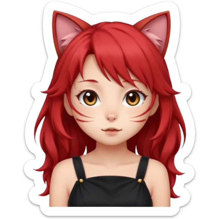 very cute anime cat-girl with small cat ears, red blowing hair sticker