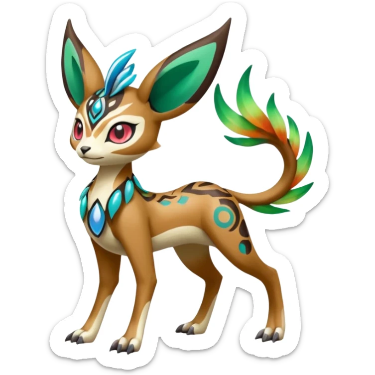Tribal Colorful Exotic Fionbri-Kalon-Falvie-Vernid-Meloetta-Pokémon-Fakémon-Digimon-Spectrobe-hybrid-fusion, full body, with painted paint splash markings  sticker