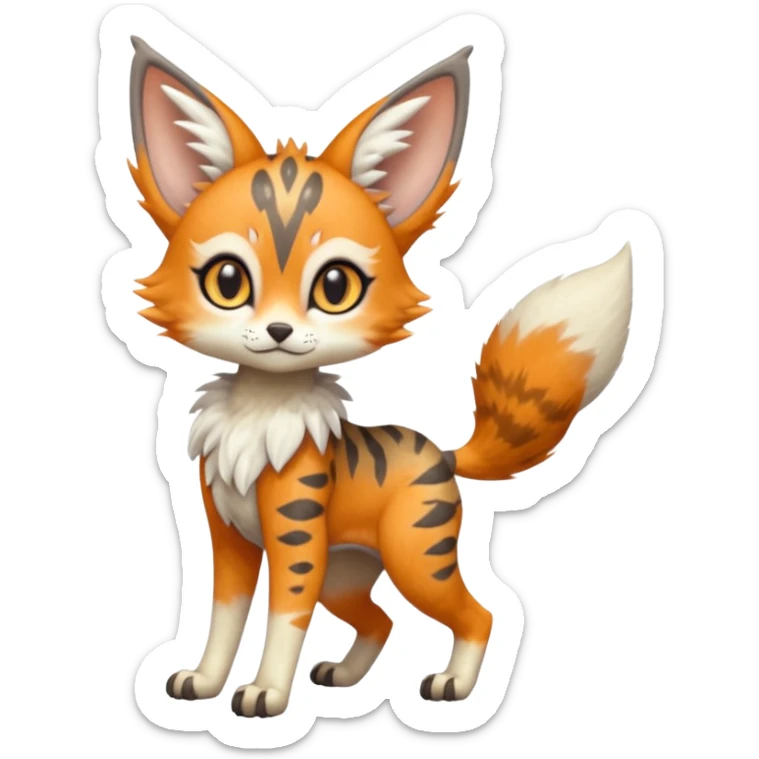 Big-eared big-eyed cute realistic animalistic feral digitigrade 4-legged anime-styled Meloetta-Trico-Lykoi-Vernid-Sergal-Serval-hybrid-fusion-creature-animal, full body sticker