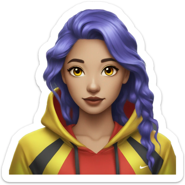 Lady with brunette and iridescent blue hair, gold, lime green dragon wings, black hoodie, oilslick holographic, black and gold Nike t shirt, and bright red eyes sticker