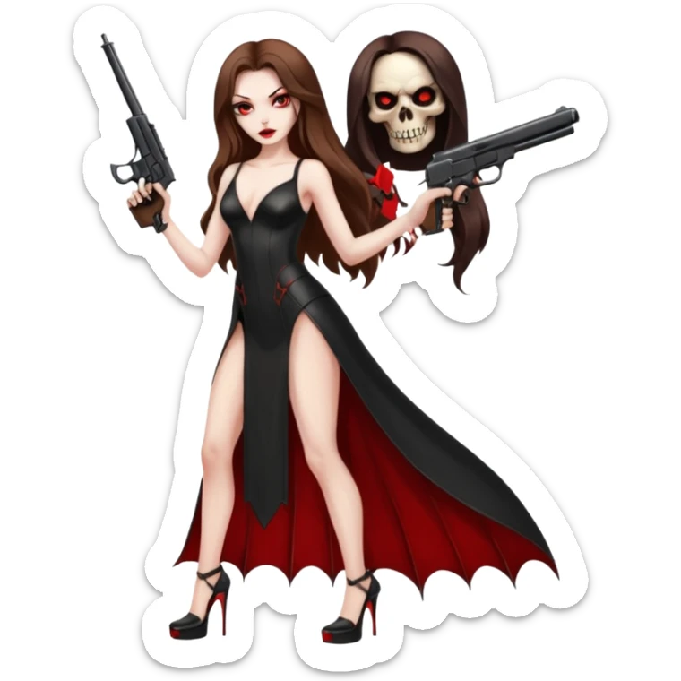 Lilith symbol red eye seductress evil long brown haired sexy succubus woman with leather long dress with slit on, sitting in Big Large F350 pickup truck. Platform high heels in feet. Back seat full of stacks of cash, she is  Holding a human skull of her enemies and a gun in other hand sticker