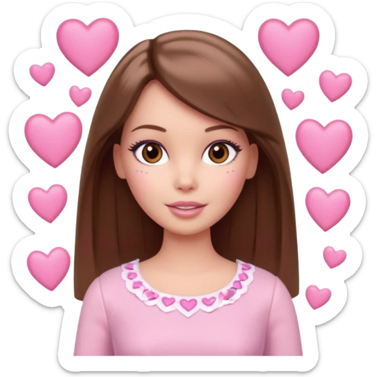 Barbie girl and  makeup , brown straight hair and brown eyes is In pale pink clothes There are pink hearts all around sticker