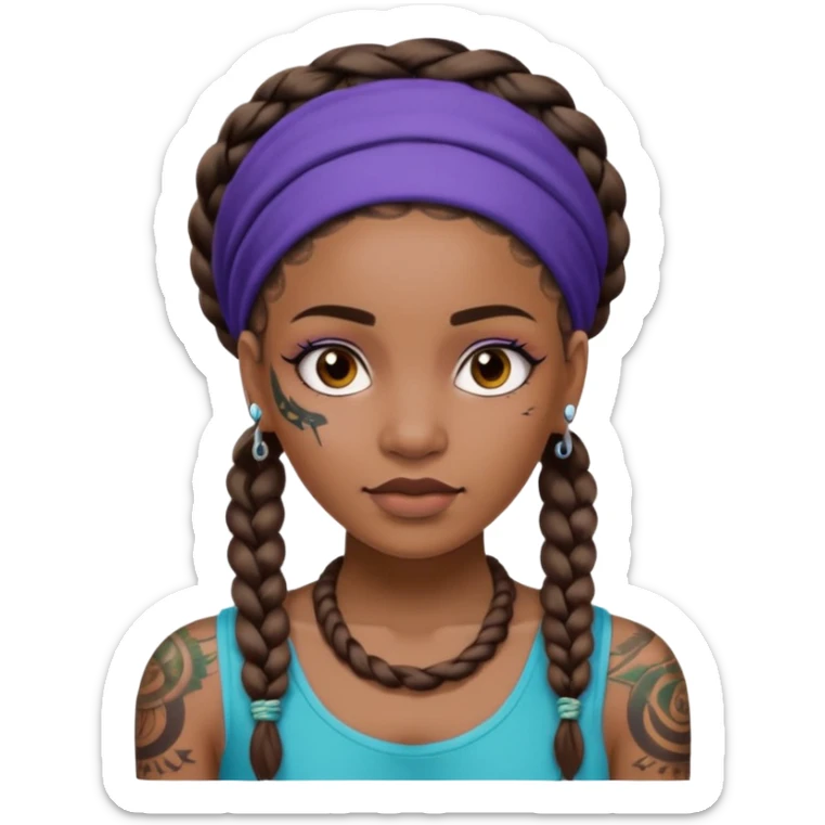 big lose braids starting from the top of the head woman face wiith big visible braids and mono color headband on head  face and braids as big as headband and lots and lots of face tattoos colored tattoos like a tattoo artist hair unique color sticker