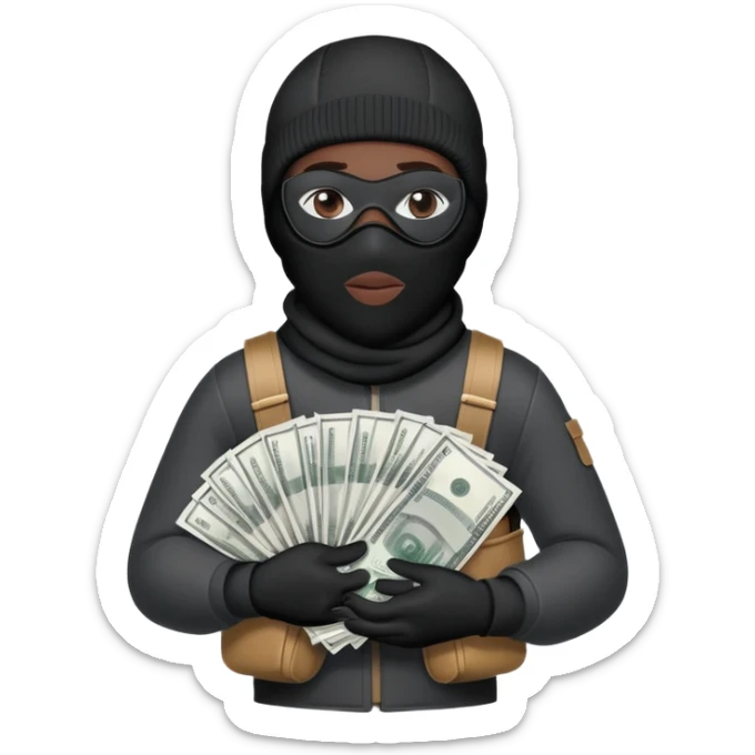 Ski mask holding bags of money with black face like skin color black sticker