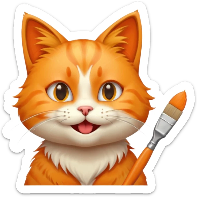 happy cat with a paintbrush in its mouth, playful expression, emoji style sticker