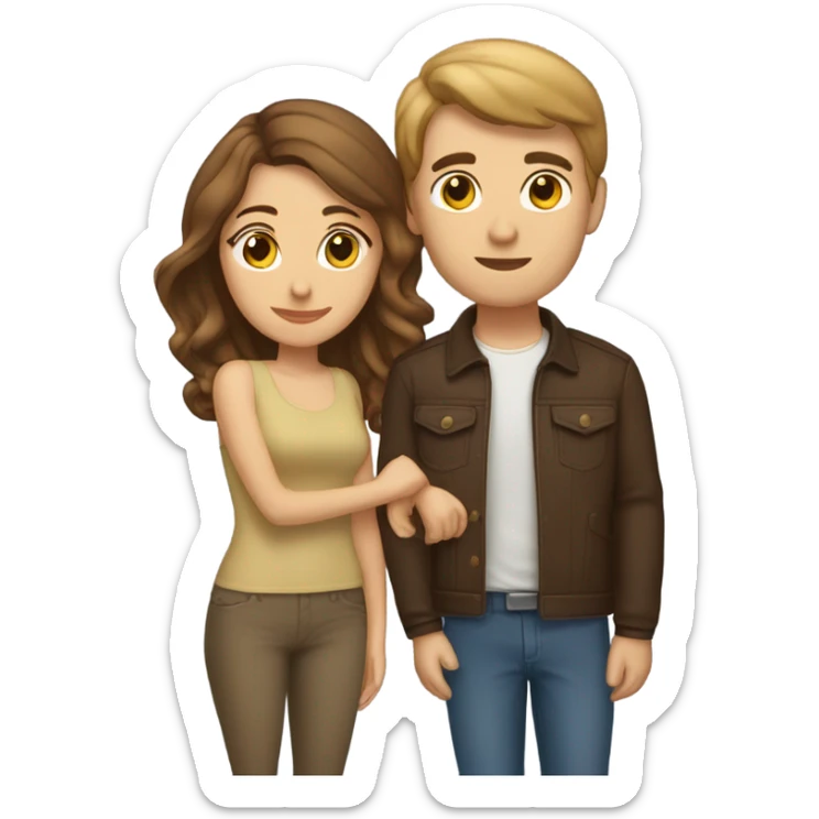 A genmoji representing a couple kissing. The man is slightly taller than the woman and has brown hair. The woman has brown hair and a beauty mark on her cheek. sticker