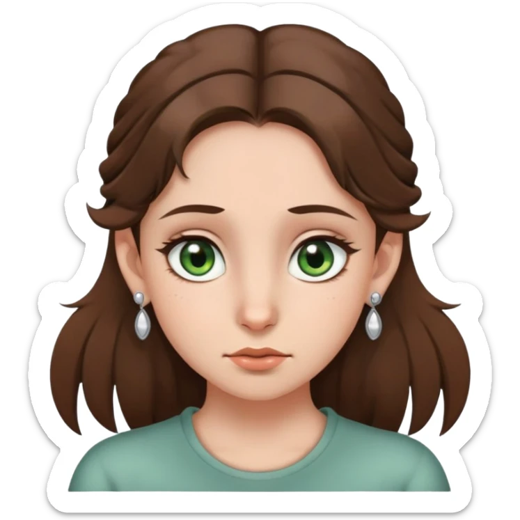 girl with gray-green eyes, brown hair, five earrings on one ear, two on the other, mole on cheek, expressive emotion sticker