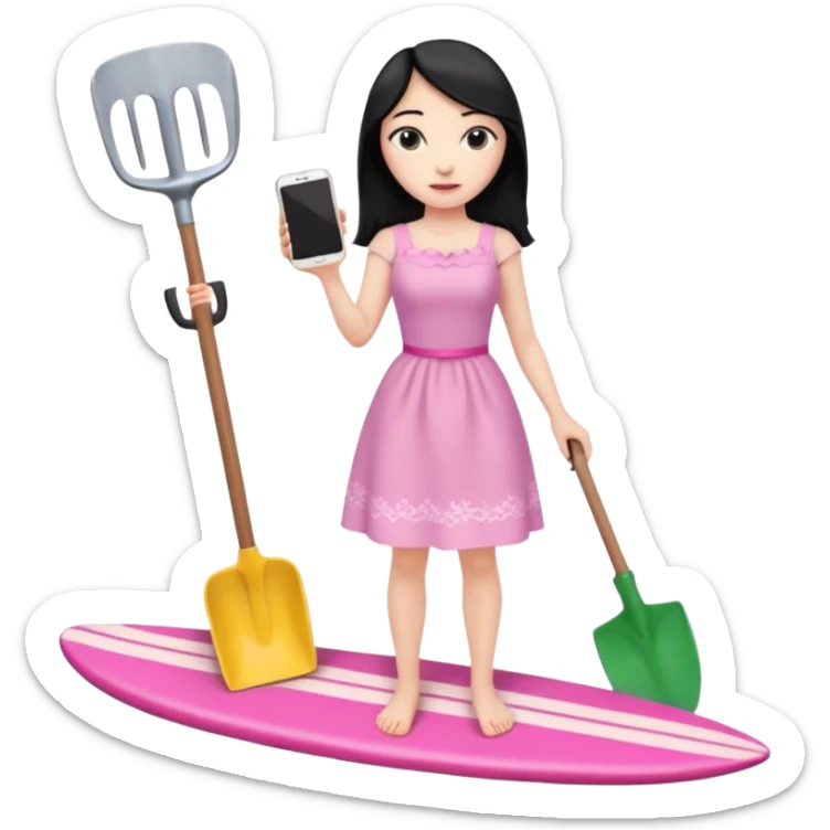 Princess who wearing dress (woman) black hair holding her cellphone and a garden shovel with another hand. She is standing on her feet, there is one pink surfing board. sticker