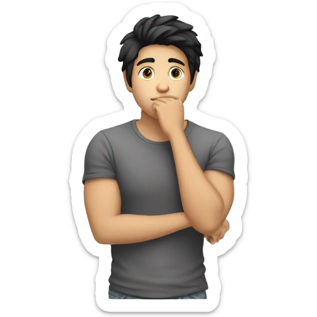thinking with his hand on chin white young male with black hair without body just face and hand sticker