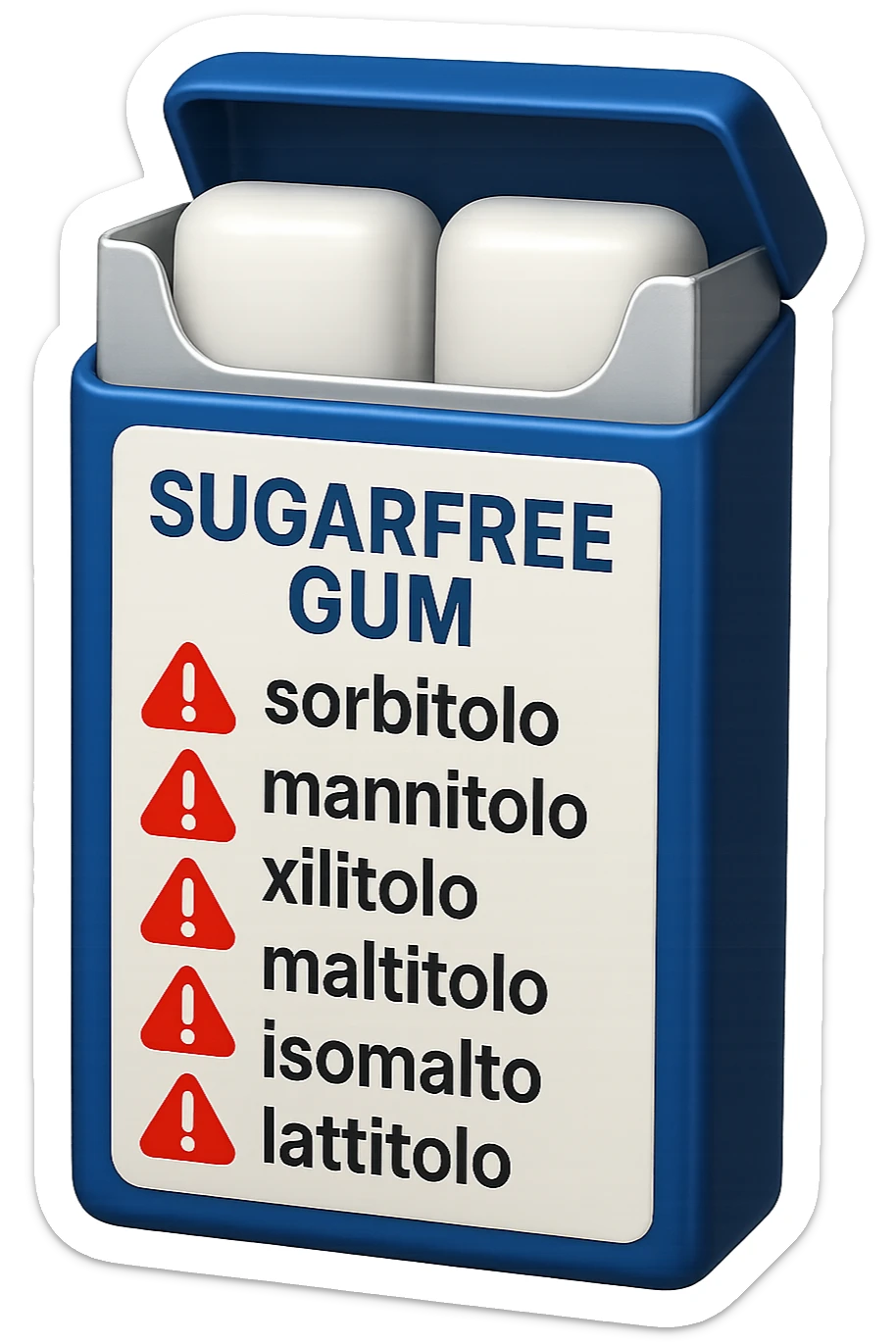 SU QUESTO STILE FAI UN EMOJI STILE IPHONE 3D DI UN pacchetto di gomme senza zucchero con ETICHETTA CON GLI INGREDIENTI SCRITTI, "sorbitolo, mannitolo, xilitolo, maltitolo, isomalto, lattitolo" accanto ad ogni nome scritto mettici un segnale di allarme, FALLO MOLTO REALISTICO IN 3D sticker
