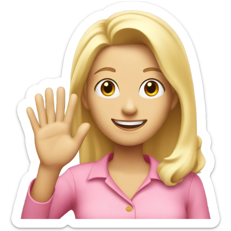 blonde woman in pink blouse smiling and waving her hand sticker