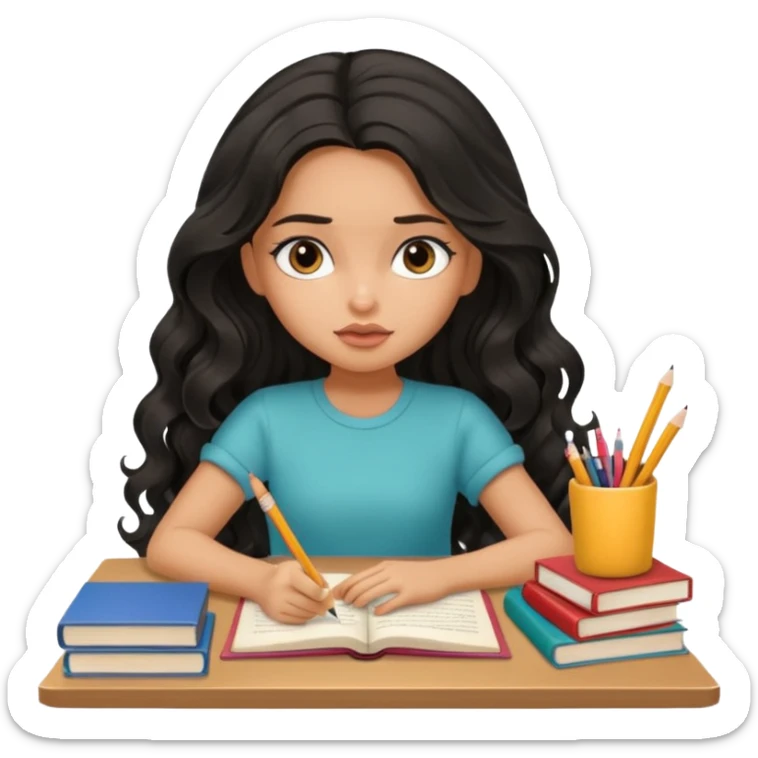 a pretty tan bratz girl with black wavy long hair studying. Pile of books on the table. No glasses. Looks tired sticker