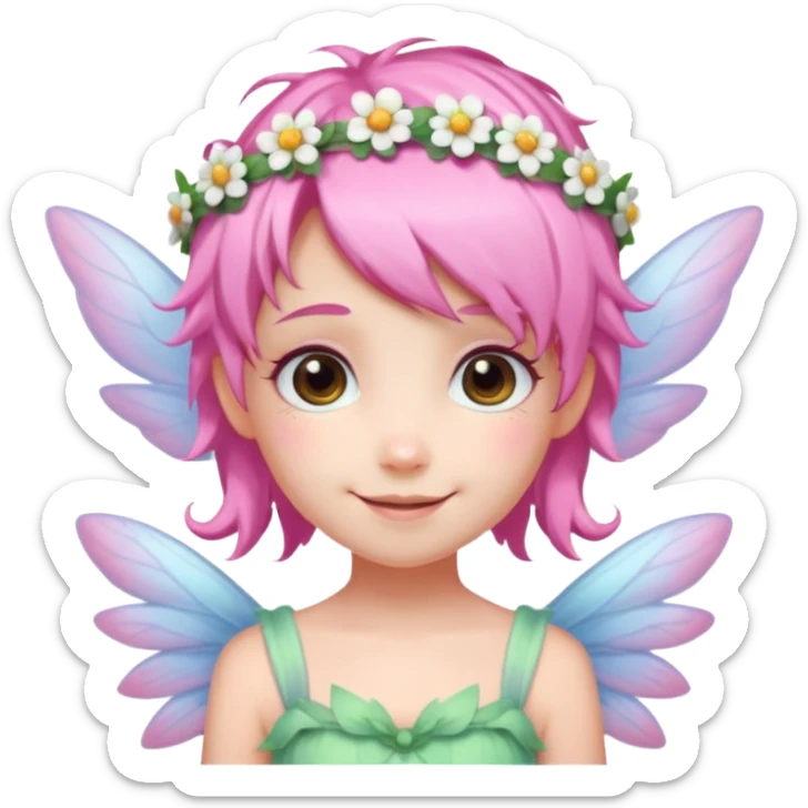 A tiny pastel fairy with pink hair with glowing wings and a sweet smile and tiny flower crown sticker