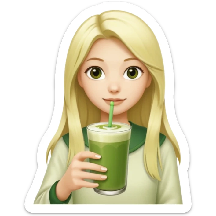 A blonde girl with long hair offers a glass of matcha latte with two straws sticker