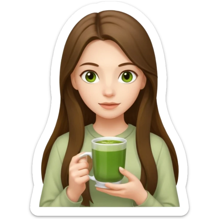 white long brunette hair girl with hazel eyes wearing light who is holding matcha sticker