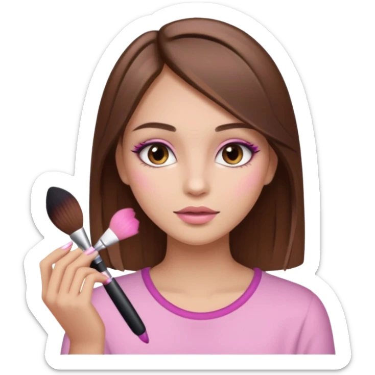 Light brunette girl, with straight brown hair with light pink highlights, putting on makeup sticker