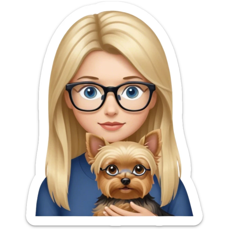 Hyper Photo Realistic Blonde balayage long hair women with blue eyes wearing glasses holding a Yorkshire terrier  sticker