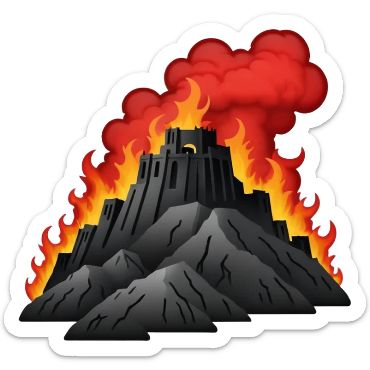 Minimalist emoji-style sticker of a silhouette of the Hollywood hill with ruined “HELLWOOD” sign, smoke and flickering flames in desaturated red

 sticker