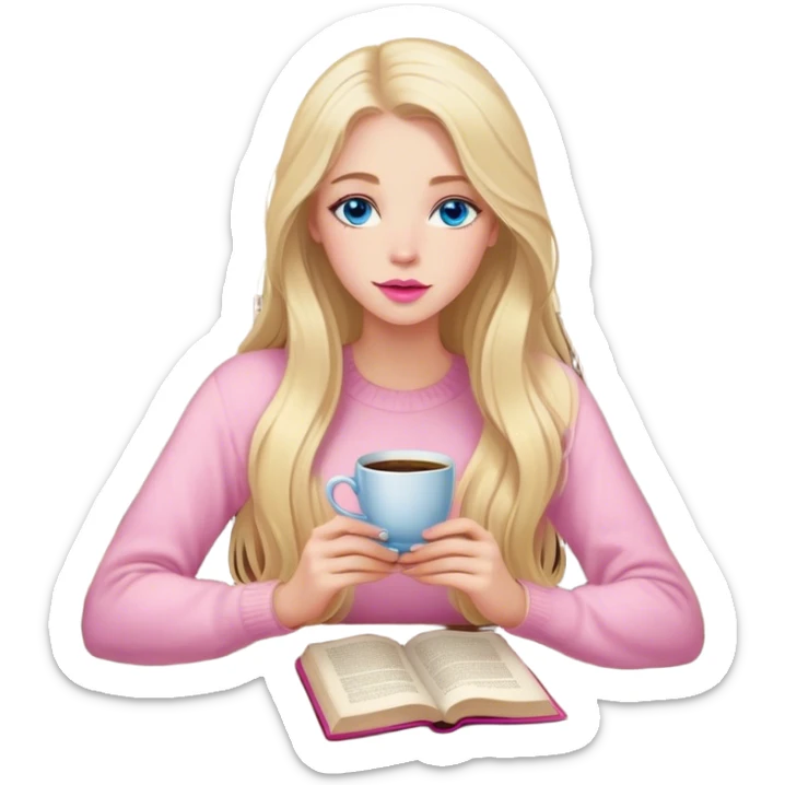 cinematic realistic blonde with long hair, blue eyes, pink lips, sitting in a cozy atmosphere, reading a book, next to the table is a cup of coffee with delicate floral ornaments sticker