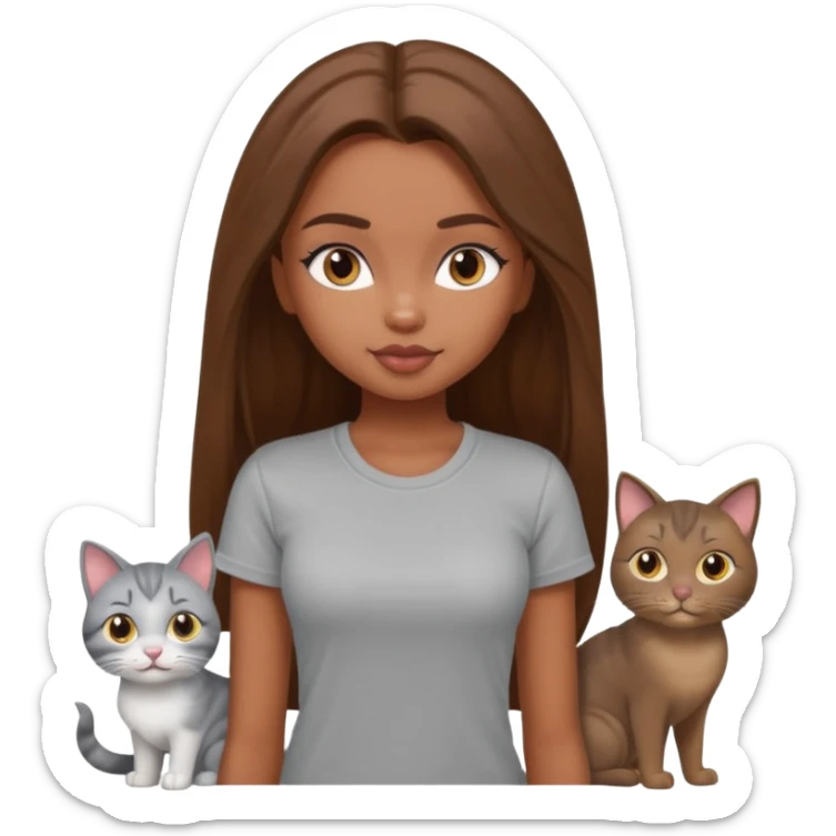 a pretty bratz dusky girl with long brown hair with four cats nd wearing a grey tshirt sticker
