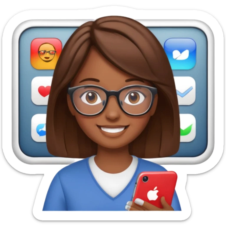 Make an emoji of a girl (no glasses) with brown hair who is teaching how to use iMessage to a class sticker