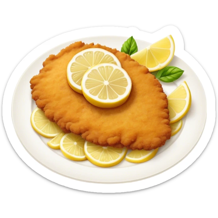Cinematic Realistic Veal Schnitzel Dish Emoji, depicted as a golden, breaded veal cutlet served with lemon rendered with crisp textures and inviting, natural lighting. sticker