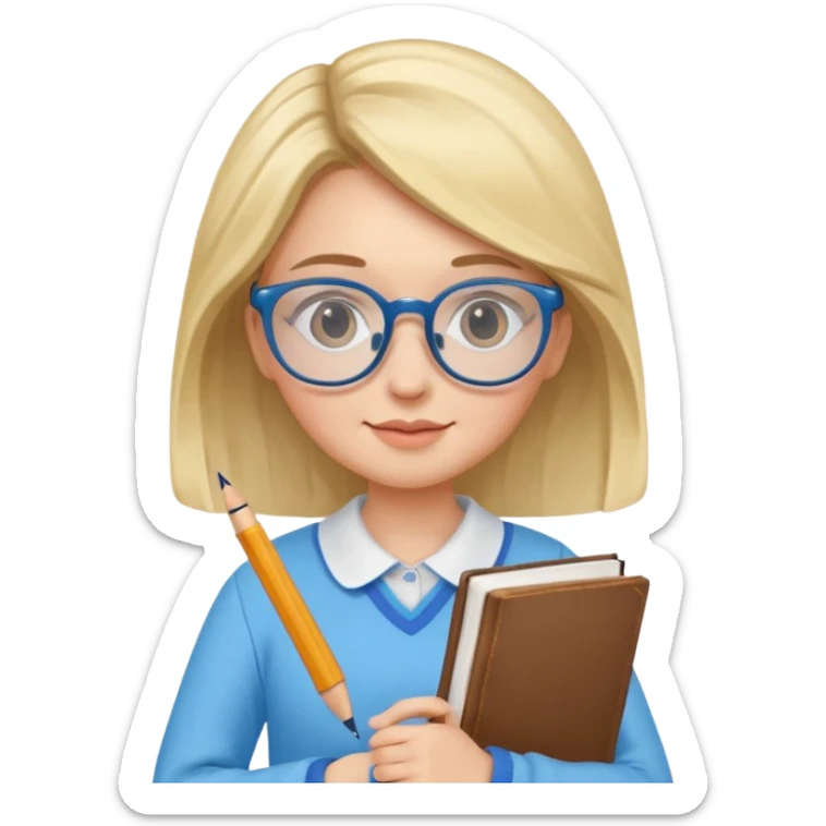 cute girl, glass, smart, Sky-blue colored clothing,
holding a book in one arm and a pen in the other hand.Holding a pen in the right hand as if teaching.Wearing glasses, with a smart and bright-looking face. sticker