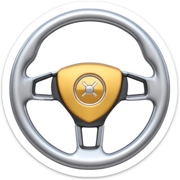 A futuristic steering wheel emoji made of silver chrome, minimal geometric design, smooth metallic surface, soft reflections, iOS emoji style, centered, clean white background sticker