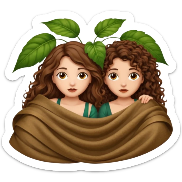fake sleep pose — long wavy brown hair tattooed woman and short tight curly brown hair woman — peeking under leaf blanket sticker