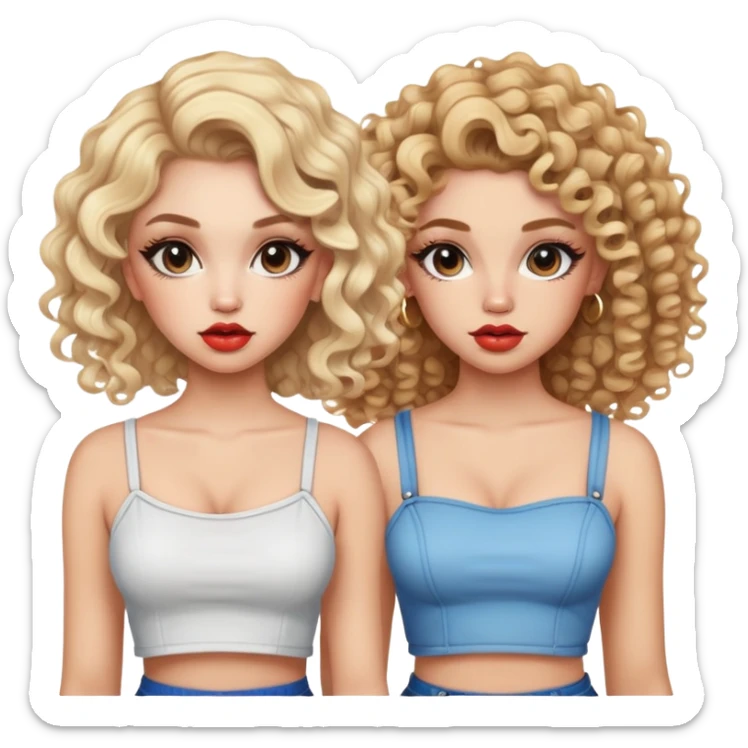 Two teenage girls together, one blonde and one with curly brown hair, both with heavy makeup, big lips, crop tops and choni style clothing sticker