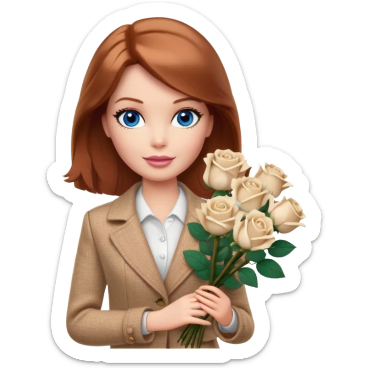 A Barbie girl with blue eyes, shoulder-length reddish-brown hair, made-up, wearing a beige tweed jacket and a beige skirt, with a bouquet of white of nine roses sticker