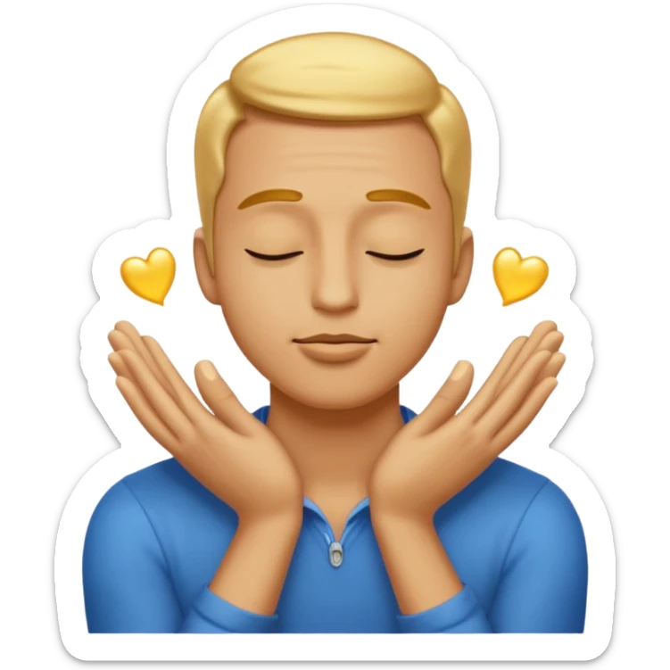 slightly masculine emoji character eyes closed kissing their own golden glowing hands with proud warm playful expression, clean lines, bold colors, smooth shading, minimal details, high readability, white or transparent background sticker