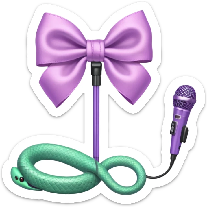 A pastel pink bow with a pastel green snake on the top of one side and a pastel purple microphone on the bottom of the other side sticker