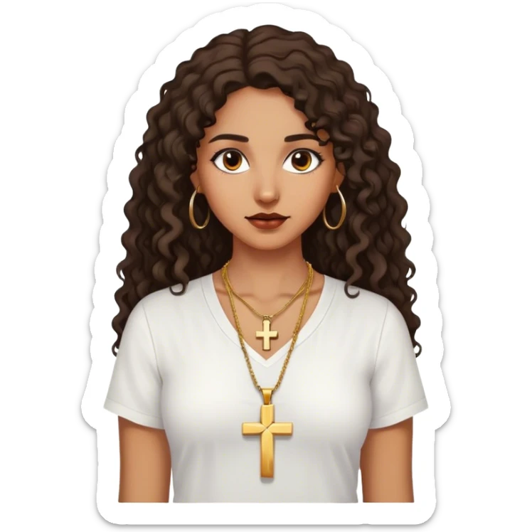 Brown woman with dark curly long hair white shirt with gold small cross necklace sticker