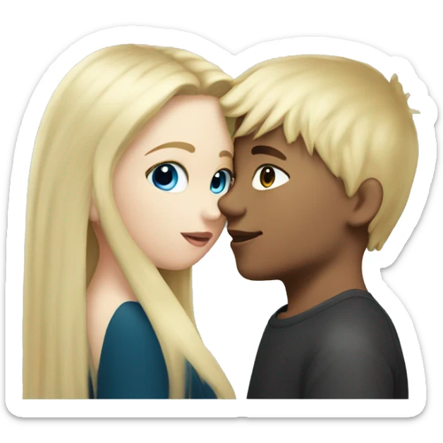 Girl with long back hair with bangs kissing boy with blonde hair blue eyes and white skin sticker