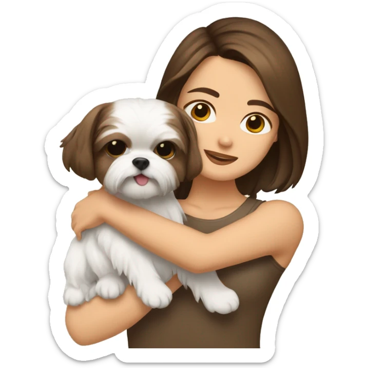 Brunette girl with brown short hair, hugging her Shih tzu white with gold ears sticker