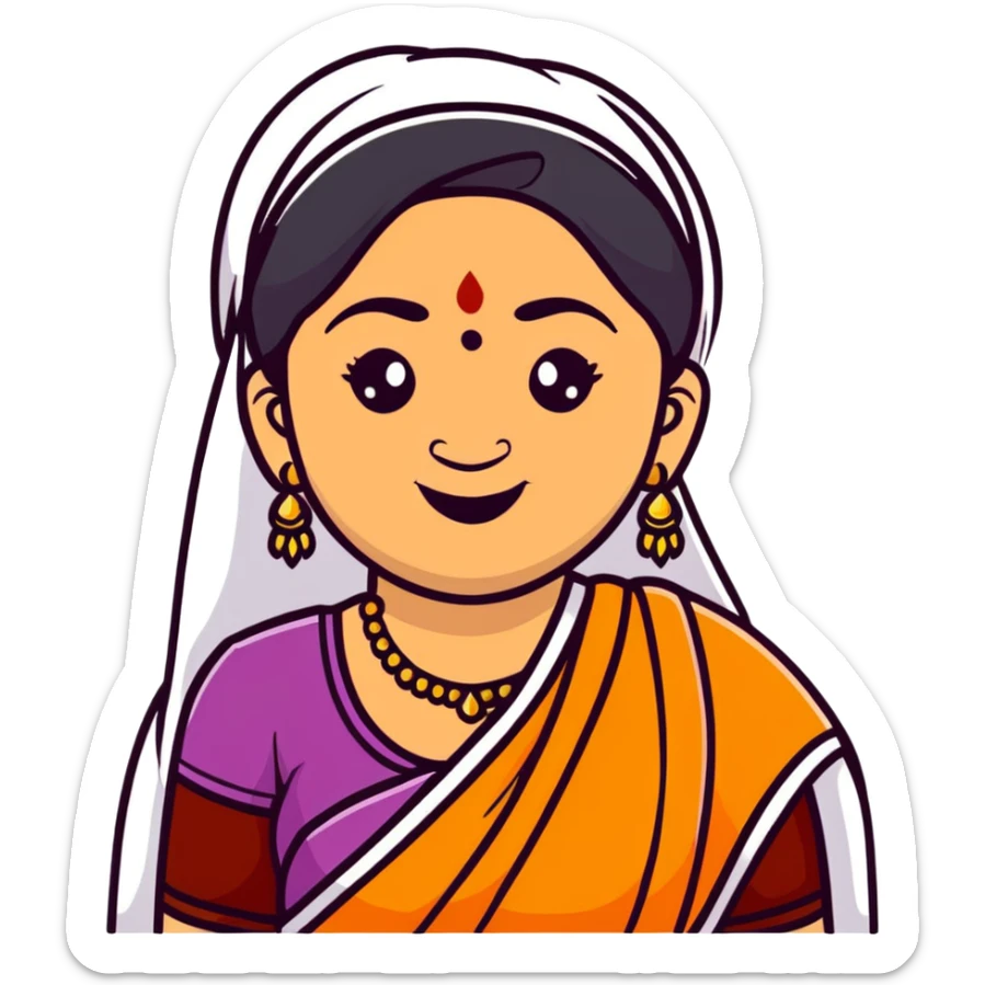 A cheerful Indian aunt (mausi) character with a plump face, smiling, wearing traditional Indian clothing and a bindi sticker