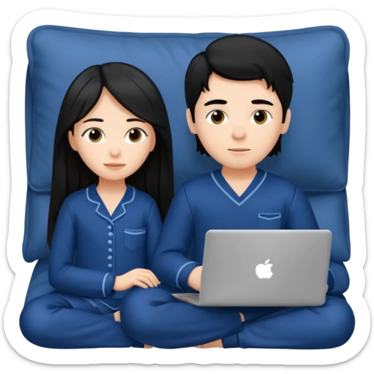 black haired boy and long haired girl in navy blue pajamas , watching movie on laptop sticker