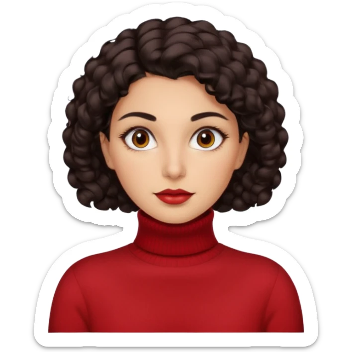 30 yr iranian woman dark brown hair curly wavy short hair, red turtle neck sweater, very thick eyebrows, light skin sticker