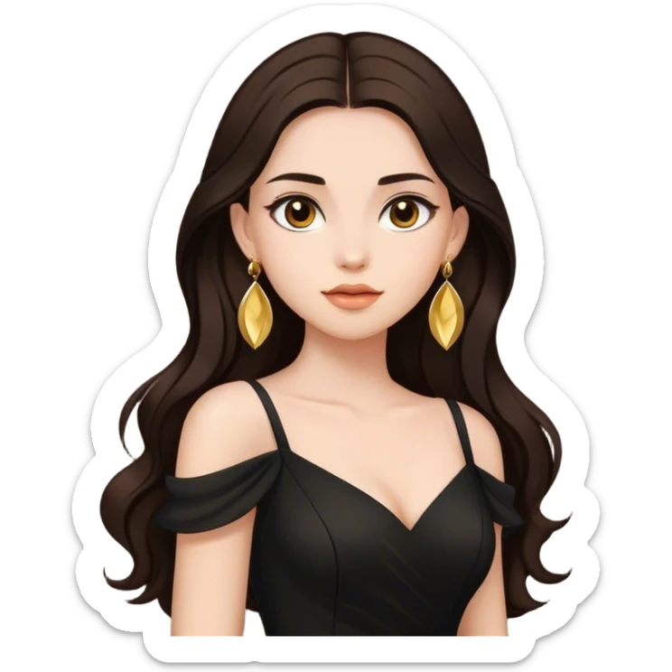 Beautiful woman,cute, long dark brown hair in dark dress with gold earrings sticker